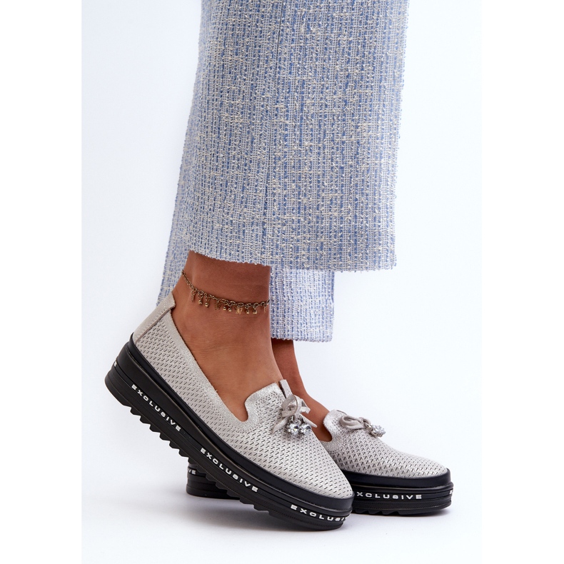 Lesklé dámské kožené mokasíny na platformě S.Barski LR400 stříbrné stříbrný 2