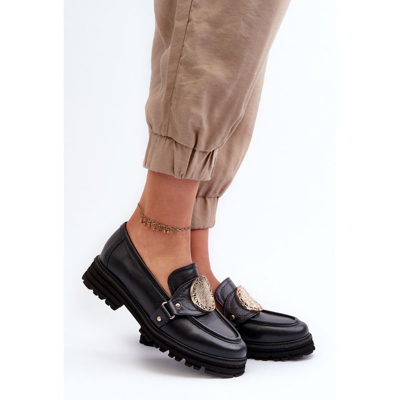 Dámské mokasíny Zazoo 3485 se zlatým zdobením, přírodní kůže černá 2