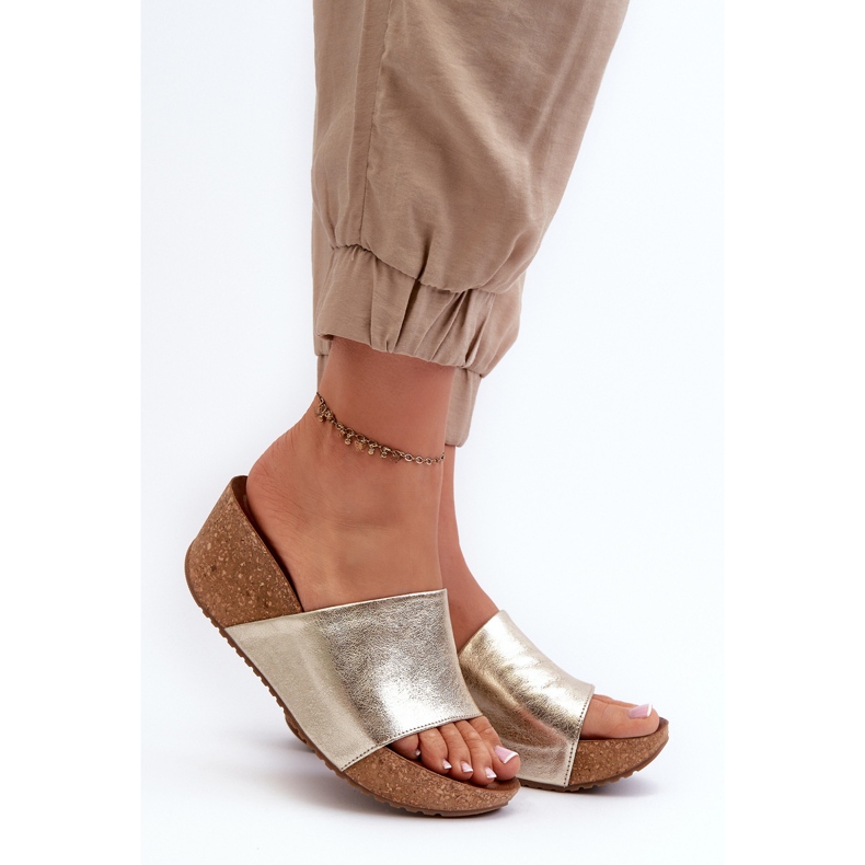 Zazoo 40289 dámské kožené žabky s korkovým klínem, zlaté zlatý 2