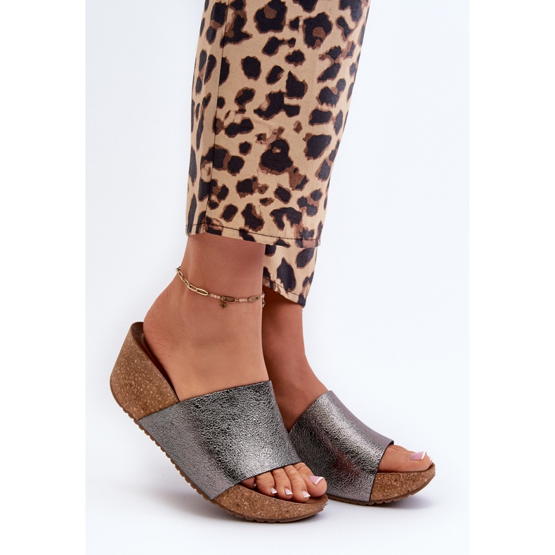 Zazoo 40291 dámské kožené žabky s korkovým klínem, grafit šedá 2