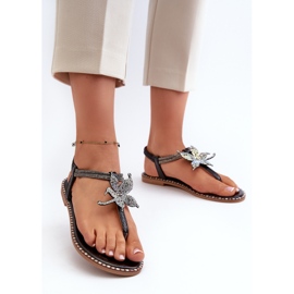 Dámské ploché sandály s ozdobnou květinou, Black Edoni černá 2