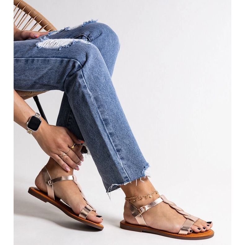 Ploché sandály amarantové šampaňské zlatý 1