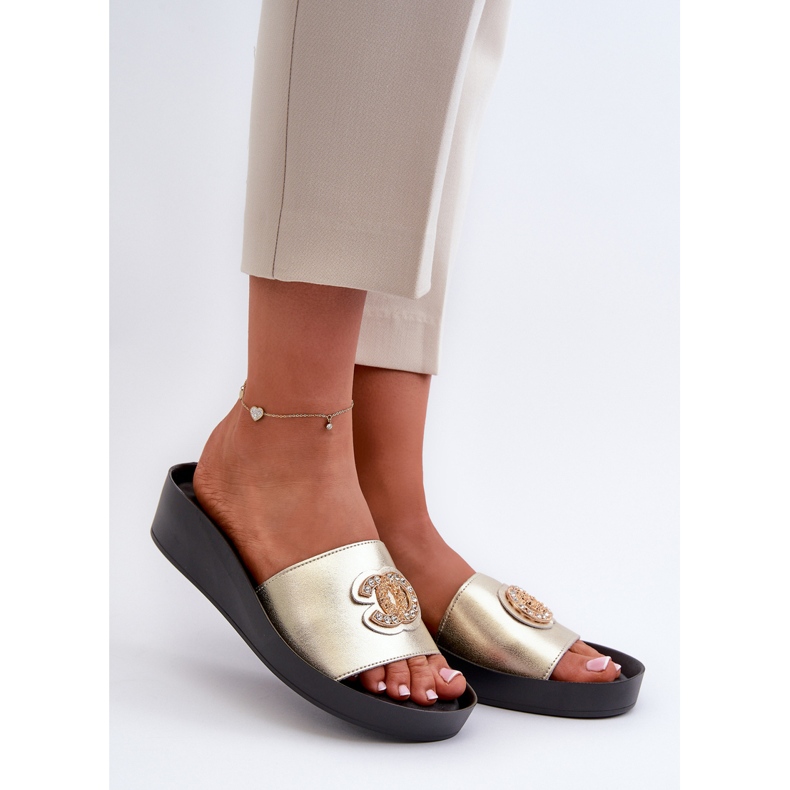 Elegantní, lehké dámské žabky se zdobením, přírodní kůže S.Barski KV27-013, zlatá zlatý 1