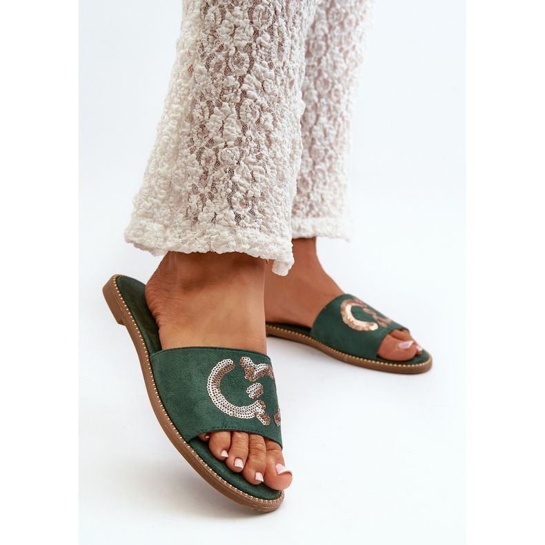 Dámské ploché žabky s flitry S.Barski KV27-052 Zelená 2 Dámské ploché žabky s flitry S.Barski KV27-052 Zelená 2