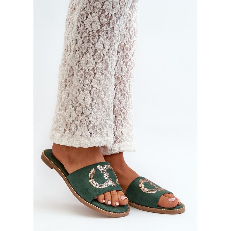 Dámské ploché žabky s flitry S.Barski KV27-052 Zelená 1 Dámské ploché žabky s flitry S.Barski KV27-052 Zelená 1
