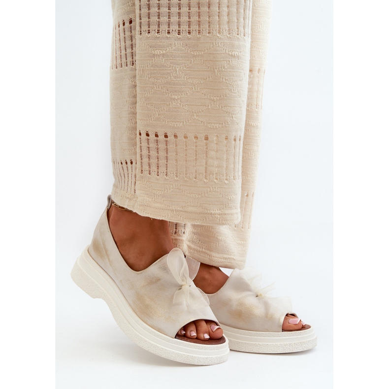 Zazoo 2939 dámské kožené sandály s mašlí, broušené zlato bílý 2 Zazoo 2939 dámské kožené sandály s mašlí, broušené zlato bílý 2