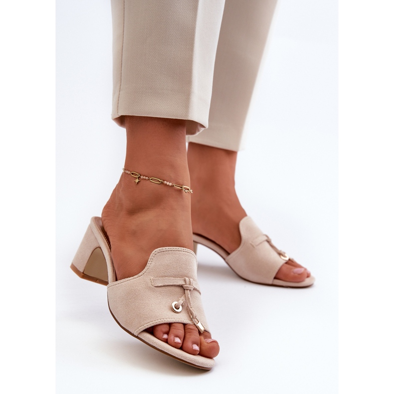 Béžové dámské žabky Jemenna s vysokými podpatky z eko semiše béžový 2