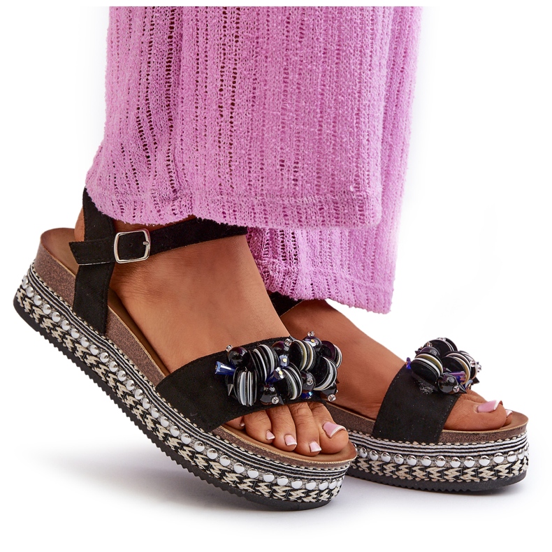 S.Barski Dámské sandály na klínu a platformě s dekoracemi S. Barski Hy056 Black černá 4