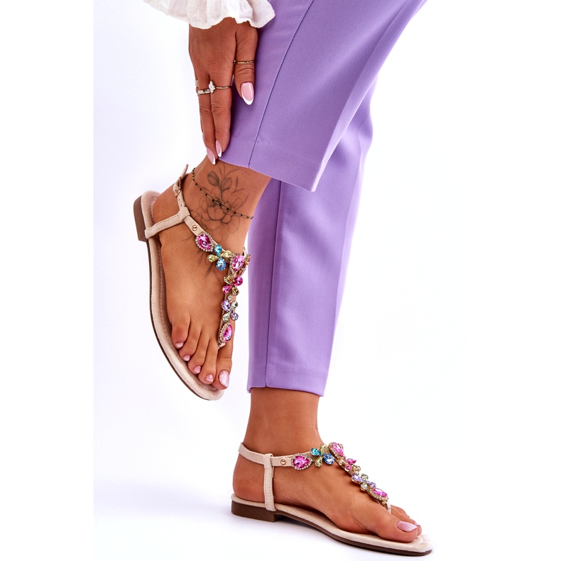 Béžové semišové žabky s kamínky béžový 3