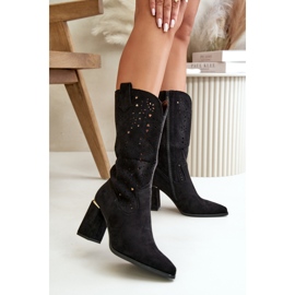Dámské prolamované kozačky na vysokém podpatku se špičatými špičkami, Eco Suede Black Nevithra černý 2