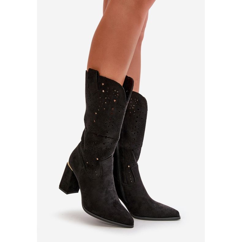 Dámské prolamované kozačky na vysokém podpatku se špičatými špičkami, Eco Suede Black Nevithra černý 1