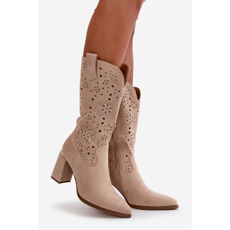 Dámské prolamované boty na vysokém podpatku se špičatými špičkami, Eco Semiš Béžová Nevithra béžový 1