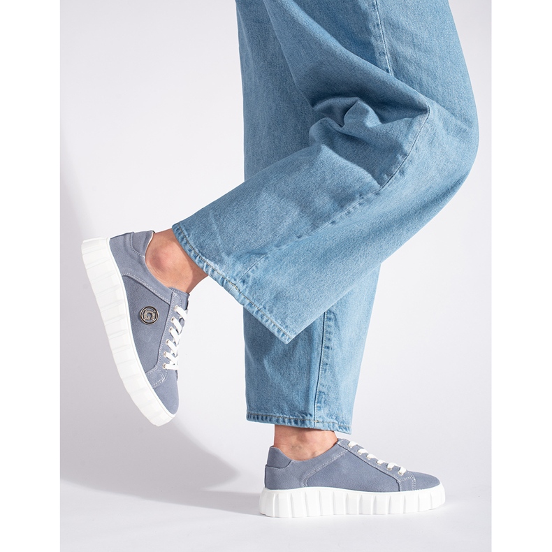 Modré boty na platformě vyrobené ze semišové kůže modrý 2