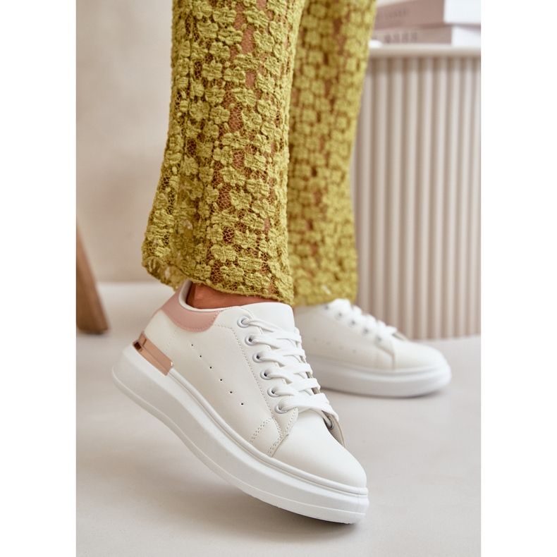 Dámské nízké tenisky na platformě z ekokůže, bílá a růžová, Nevelena bílý 2 Dámské nízké tenisky na platformě z ekokůže, bílá a růžová, Nevelena bílý 2