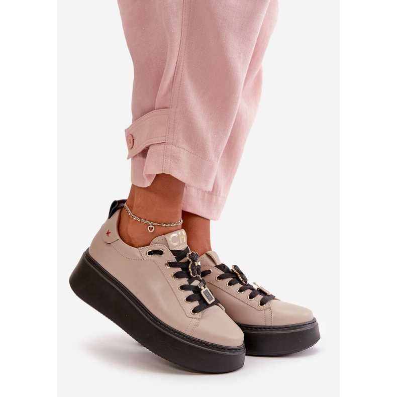 Dámské kožené tenisky s kolíky na platformě CheBello 4596 béžové béžový 1