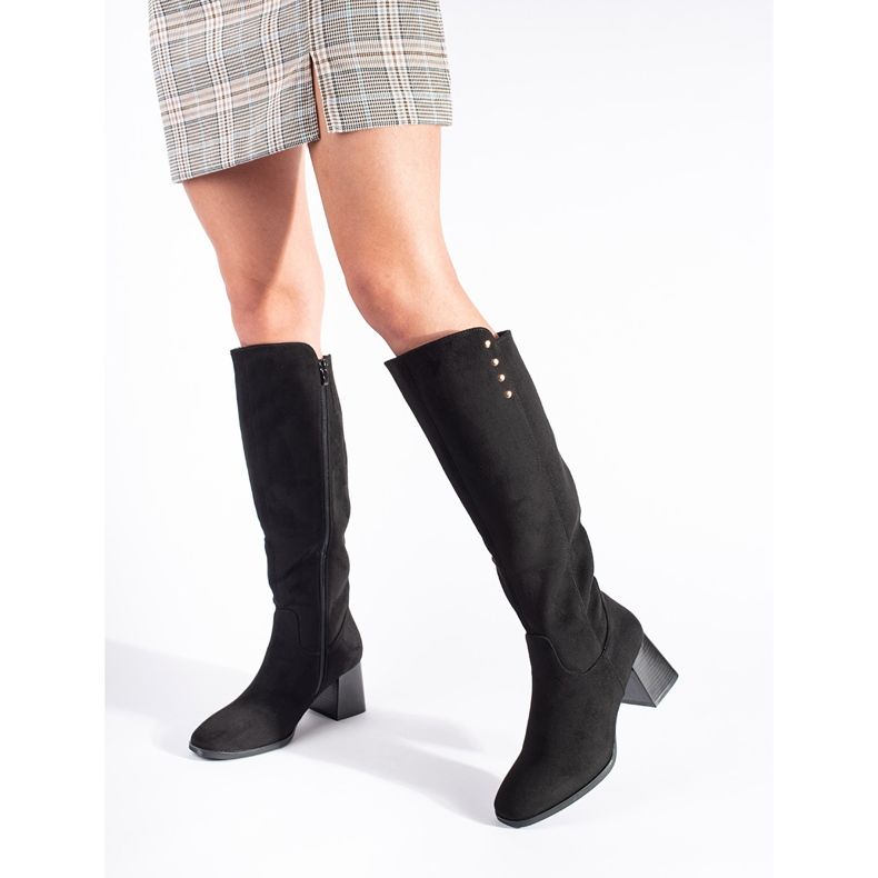 Černé semišové kozačky na vysokém podpatku černá 2