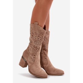 Dámské prolamované kovbojské boty na vysokých podpatcích Eco Suede Béžová S.Barski HY42-028 béžový 1