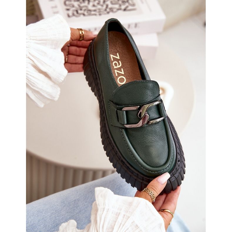Dámské mokasínové boty Zazoo 20176, přírodní kůže, tmavě zelená 2