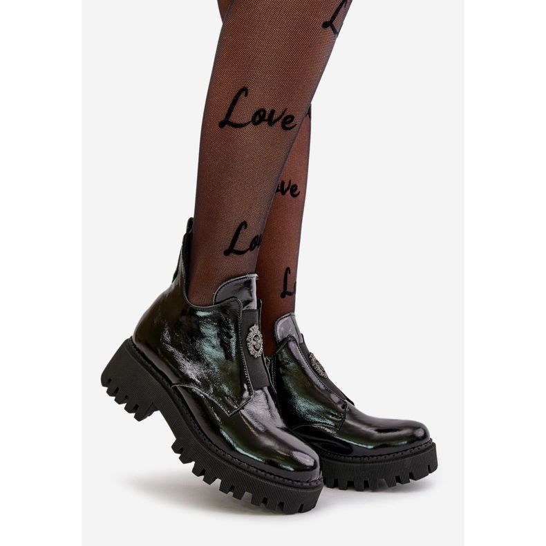 Zazoo 60451 Dámské kožené kotníkové boty s ozdobou, lakovaná černá 1