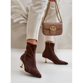 Dámské kozačky na vysokém podpatku z eko semiše se špičatými prsty Brown Irithare hnědý 2