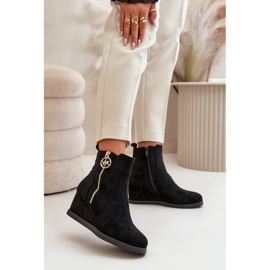 Zateplené kozačky na klínku s ozdobným zipem, Eco Suede, Black Leretha černý 2