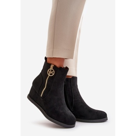Zateplené kozačky na klínku s ozdobným zipem, Eco Suede, Black Leretha černý 1