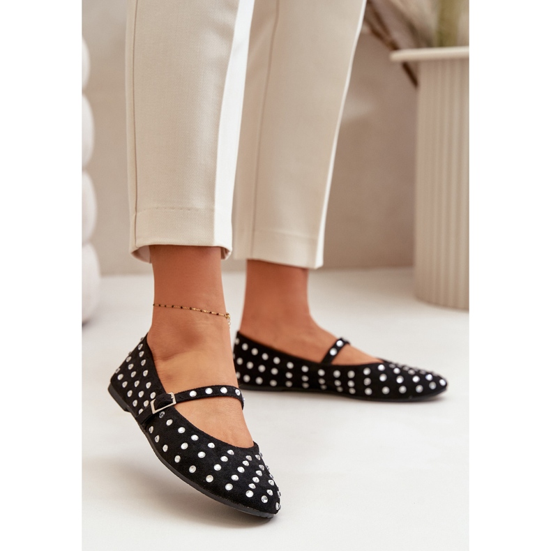 Zdobené balerínky s popruhem Eco Suede Black Tirilissa černý 2