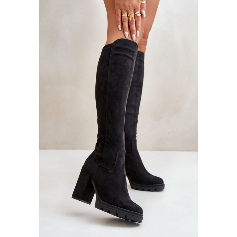 Zateplené dámské kozačky na vysokém podpatku Eco Suede Black Tirisha černý 2