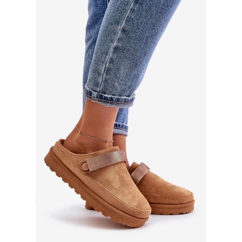 Dámské žabky s kožešinou na platformě Camel Azida hnědý 1
