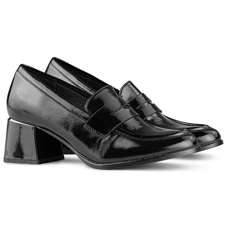 Lakované černé boty na nízkém pohodlném podpatku, elegantní béžové lodičky černý 1