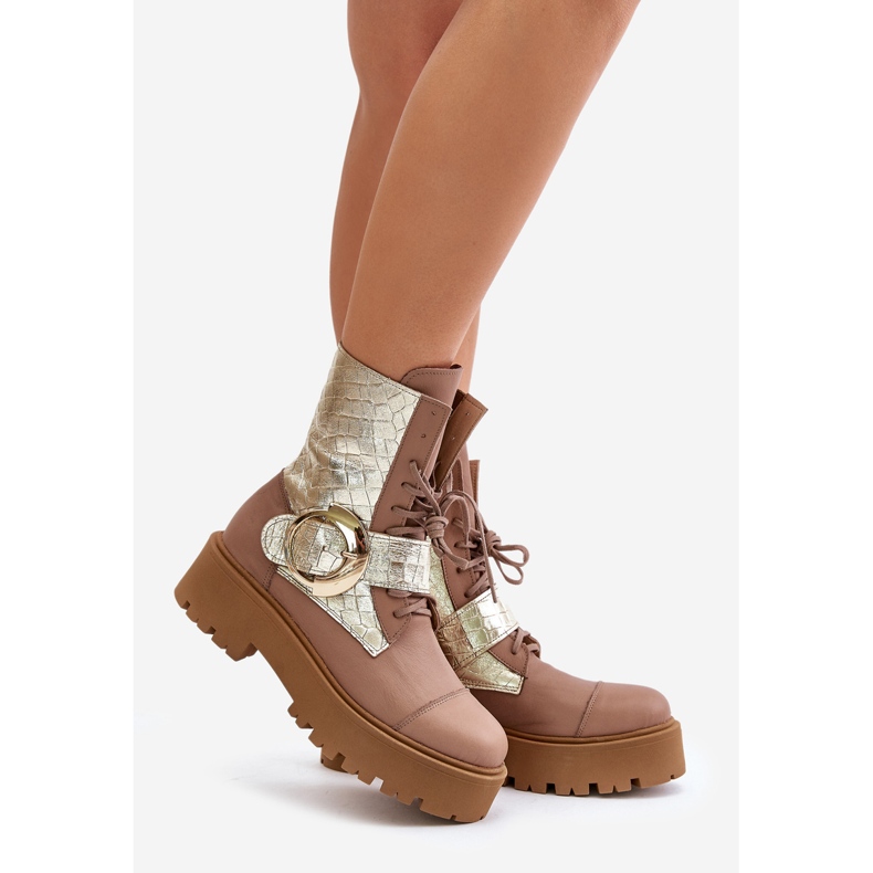 Zazoo 2942 béžové kožené pracovní kotníkové boty se zlatou přezkou béžový 1