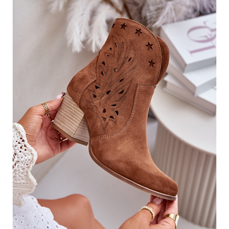 Prolamované semišové kovbojské boty na vysokém podpatku Lewski 3613 Brown hnědý 2