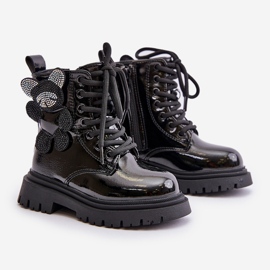 Zateplené dívčí kozačky s medvídkem a zipem, lakovaná černá Relobia 1