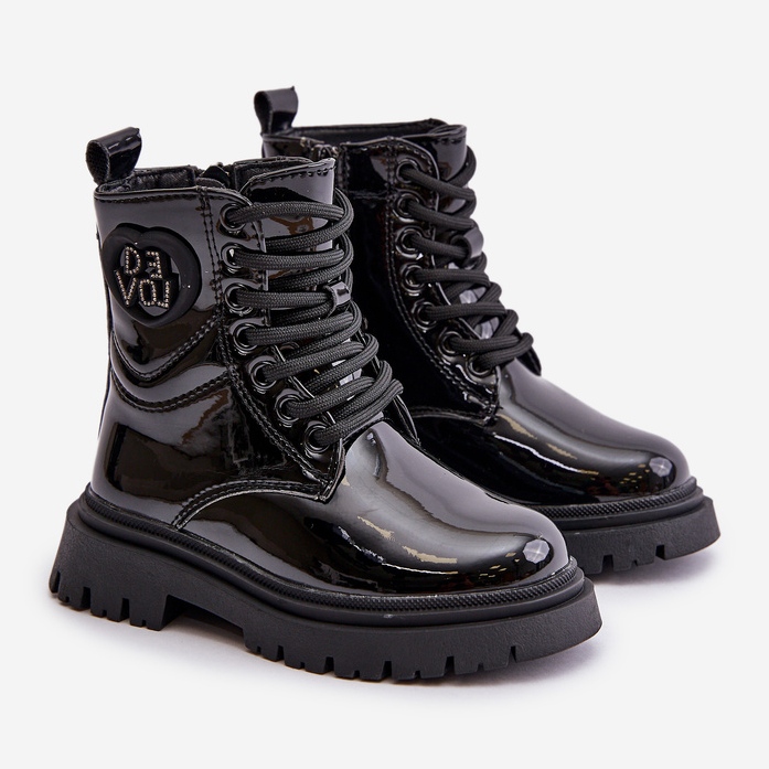 Dívčí lakované kozačky s kožešinovou podšívkou a zipem, černá Evaliraea 1