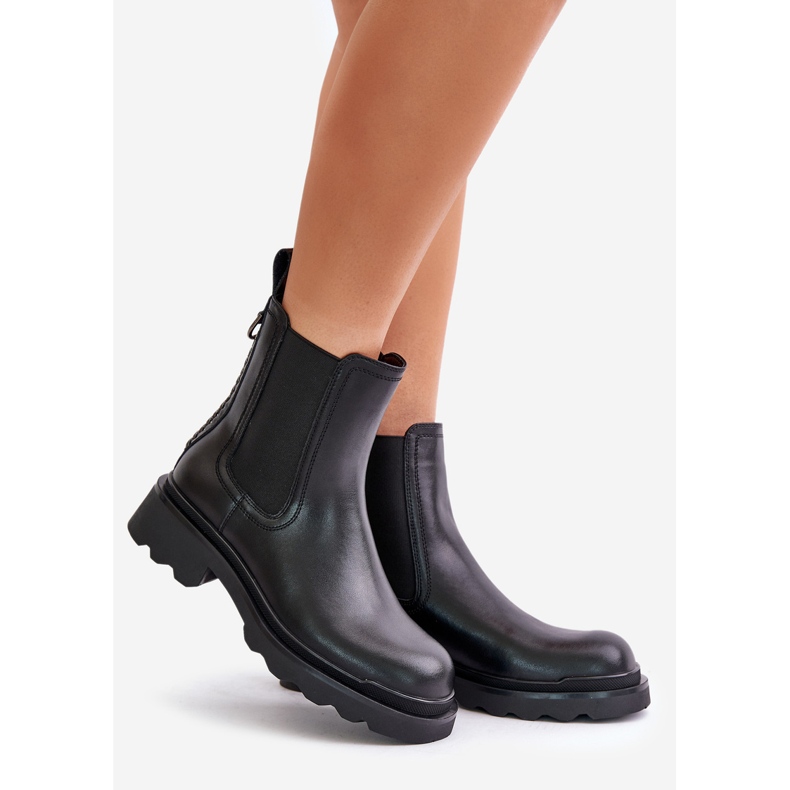 S.Barski Kožené Chelsea kozačky s ozdobným řetízkem, hřejivé D&amp;A JC42-86 Black černá 1