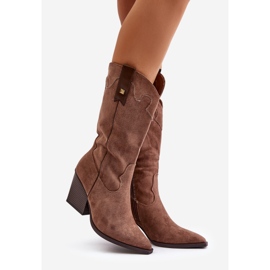 Zateplené kovbojské boty na vysokém podpatku, eko semišová hnědá, Hanivin hnědý 1