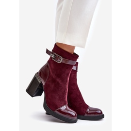 S.Barski Dámské zateplené kozačky na vysokém podpatku s ozdobnou přezkou D&amp;A MR880-085 Burgundy červené 1