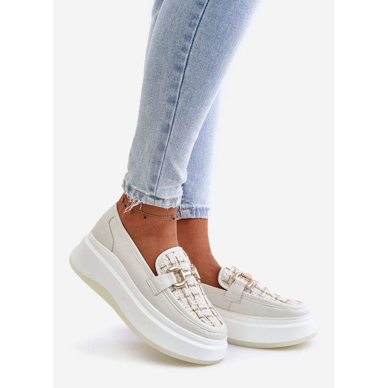 Dámské kožené mokasíny na platformě se zlatým zdobením Vinceza 89105 světle béžová béžový 1