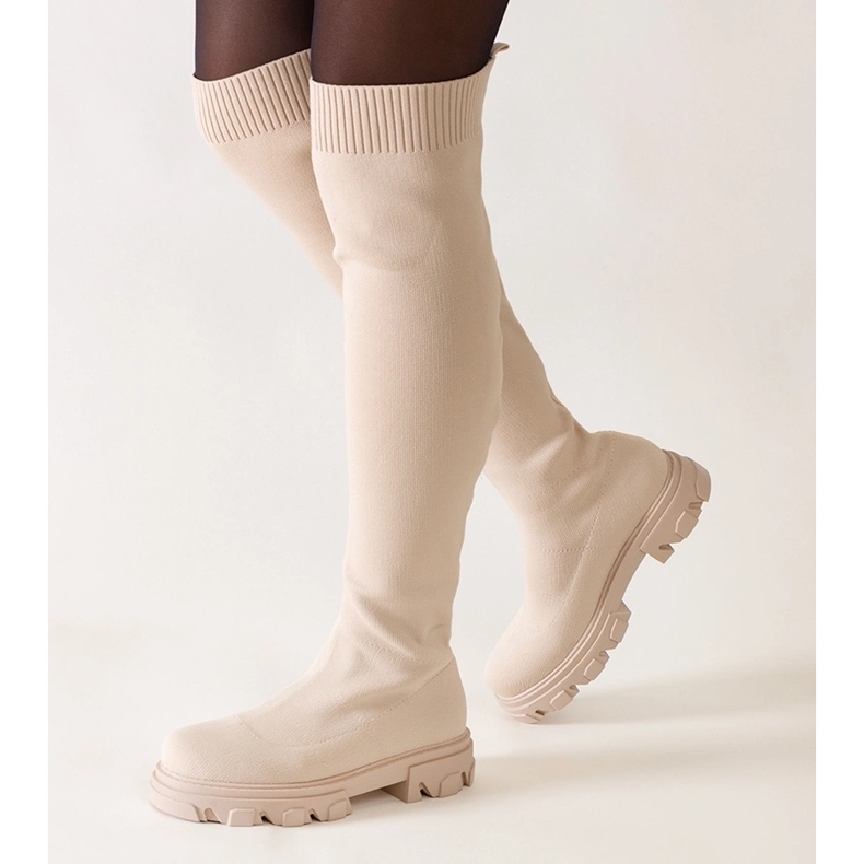 Dlouhé béžové látkové kozačky na platformě Athira béžový 1