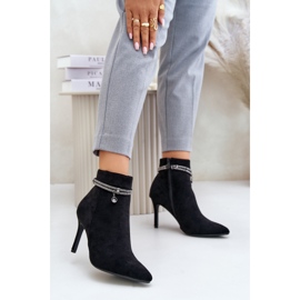 Zateplené kotníkové boty na vysokém podpatku s ozdobným páskem Eco Suede Vinceza 16469 Black černý 2
