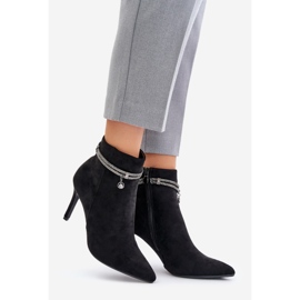 Zateplené kotníkové boty na vysokém podpatku s ozdobným páskem Eco Suede Vinceza 16469 Black černý 1