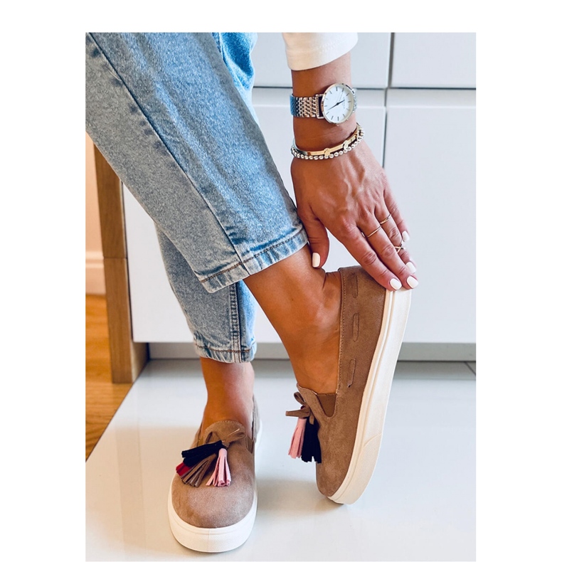 Khaki podzimní tenisky s třásněmi béžový 1