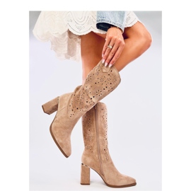 Strokes Khaki prolamované kozačky na vysokém podpatku - Inello hnědý 1