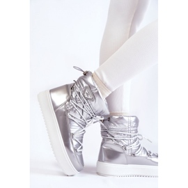 Dámské stříbrné boty do sněhu na šněrovací platformě šedá 1