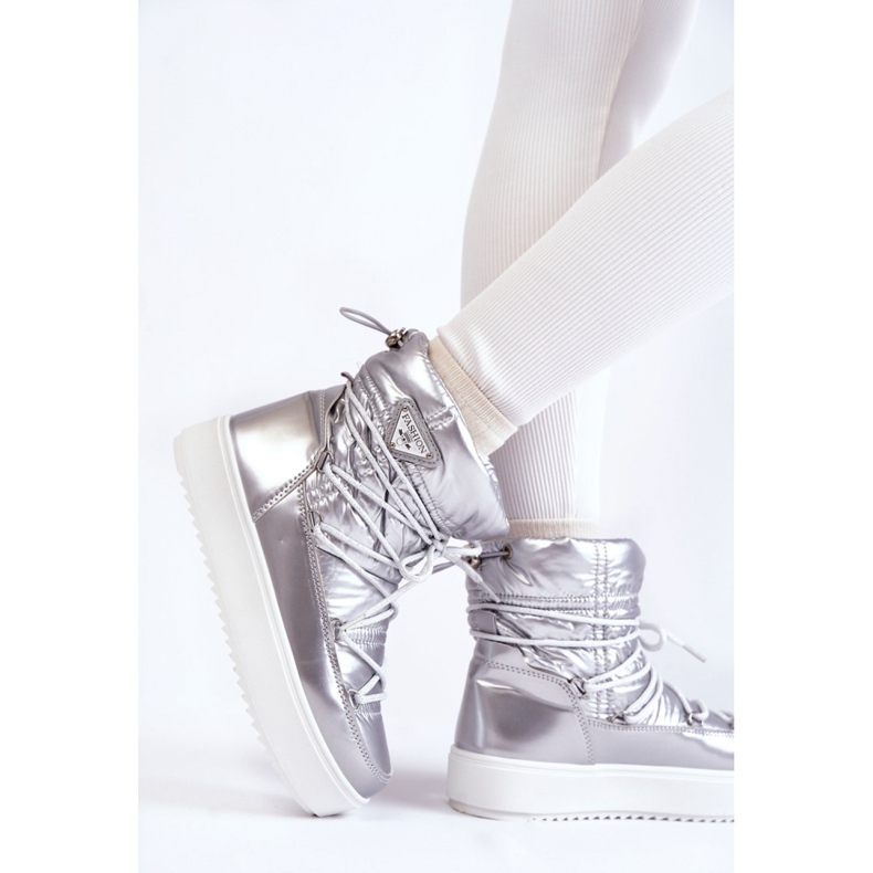 Dámské stříbrné boty do sněhu na šněrovací platformě šedá 1