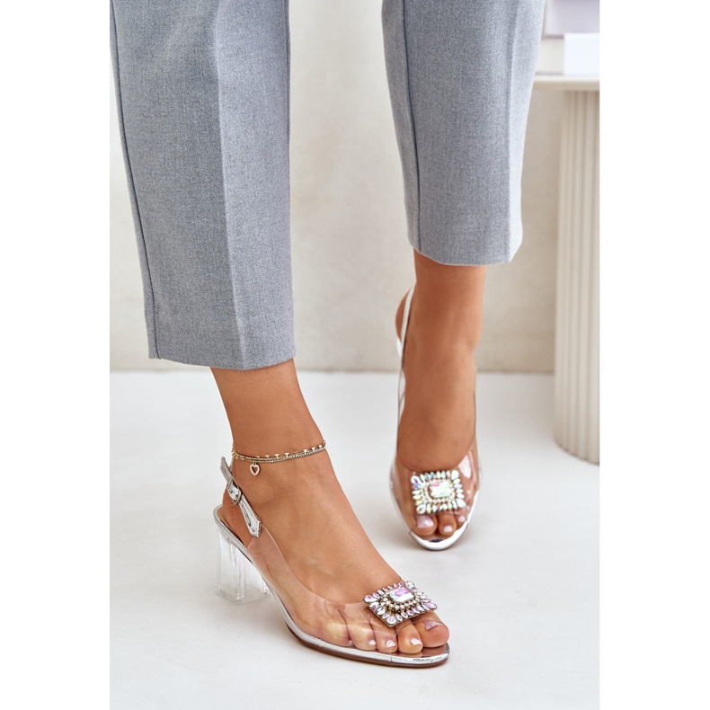 S.Barski Transparentní sandály s broží na vysokém podpatku D&amp;A MR42-031 Silver stříbrný 2