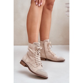 Zdobené kozačky na plochém podpatku, eko semiš, teplé, světle béžové Ellieo béžový 2