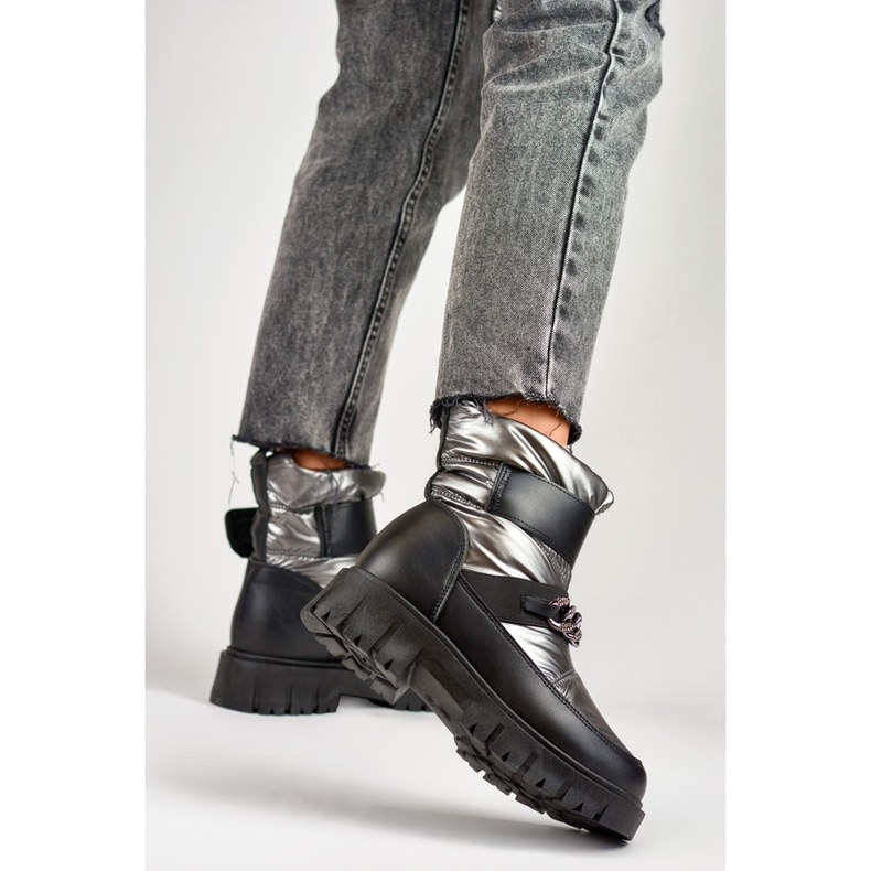 Dámské sněhule s řetízkem a suchým zipem, metalická stříbrná JH-5SI stříbrný 1