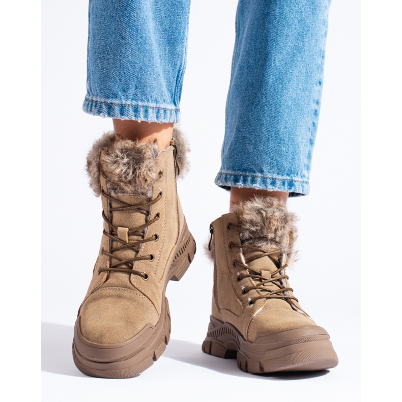 Dámské hnědé turistické boty s kožíškem béžový 2