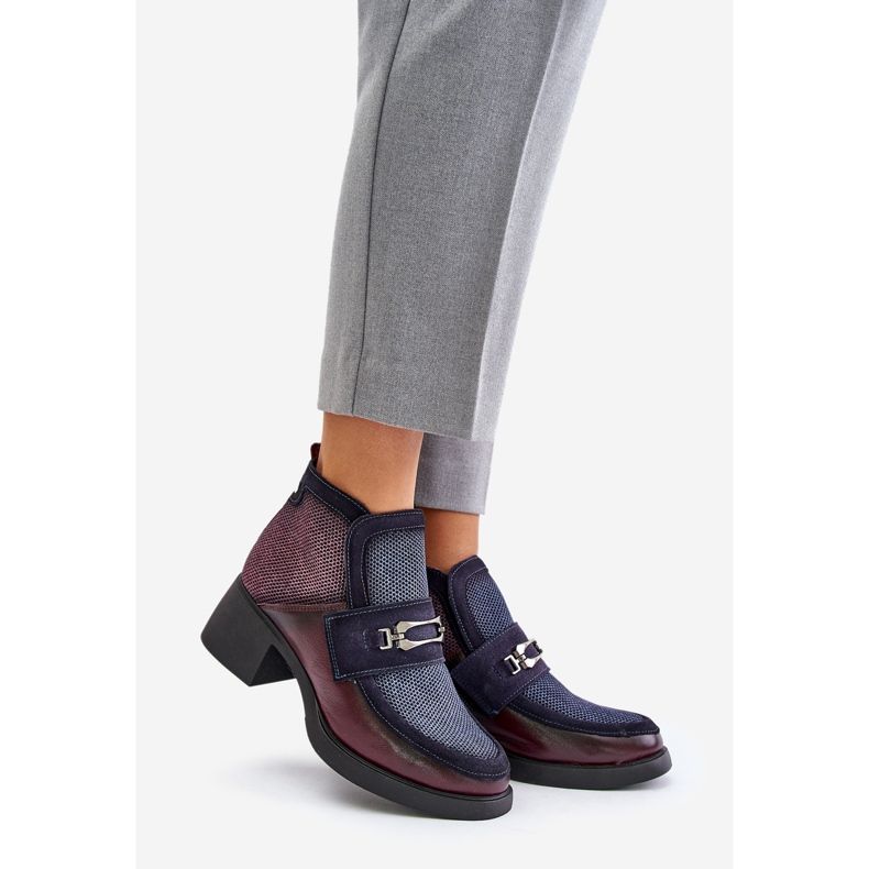 Kožené dámské kozačky na masivních podpatcích s ozdobou Maciejka 06747-23 Burgundsko-Navy Blue červené 1